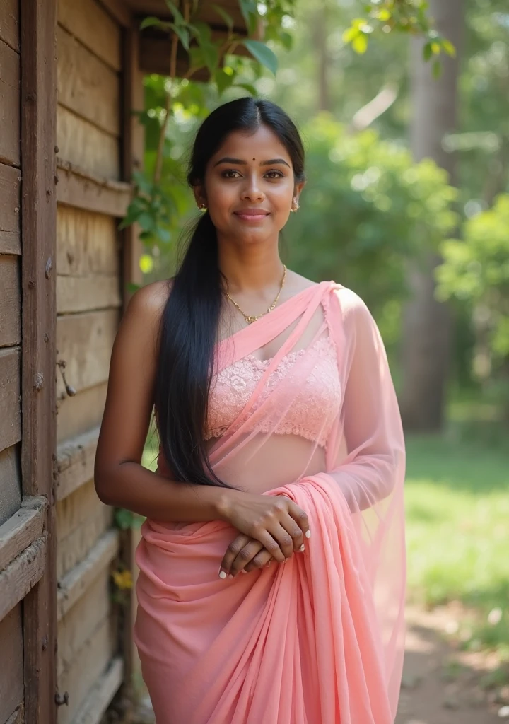 Young indian woman is wearing a full pink saree, village forest hut, blouse less saree,big sexy chest,big ,detailed body and face, big bright eyes, charming, sexy, perfect ???????, braid hair, detailed background, 8k,big chest