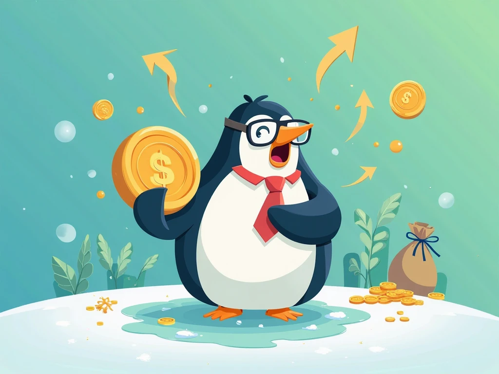 一只魅力四射的企鹅的形象, 柔软而时尚, 看起来像一个金融专家(套装, 领带或眼镜), 手持一枚巨大的金币,表情惊讶或生动-