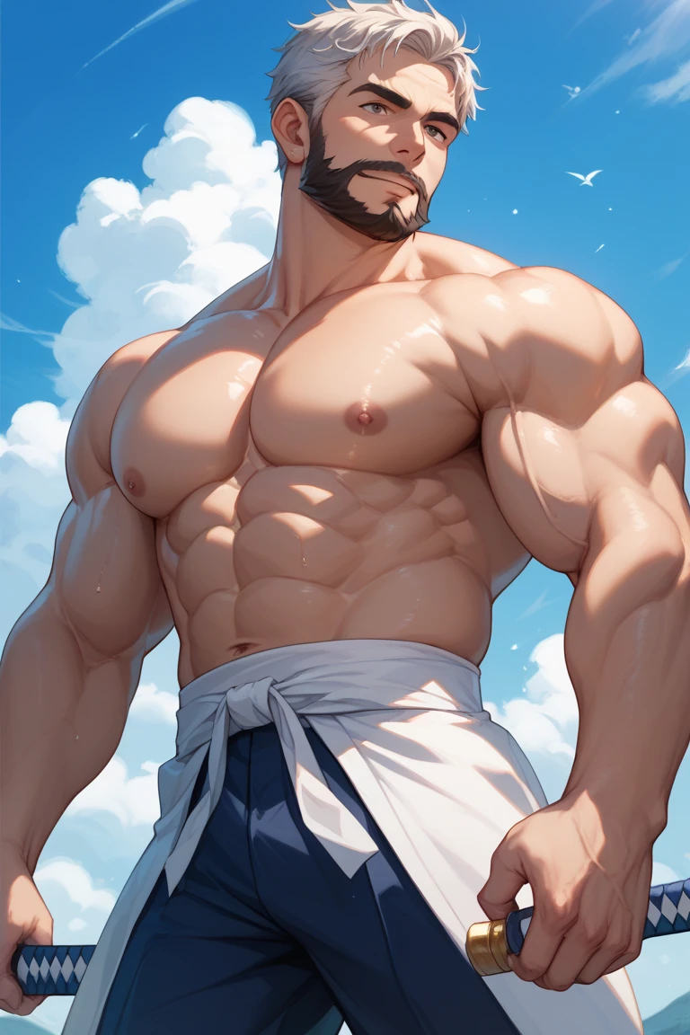 Conan Exiles Style, standing, (((((FRONT))))) young warrior (16 years old) (young face) ready to fight, top rated pixiv, shirtless, 1000lbs, front view, even shoulders, perfect massive muscles, pumped up muscles, massive muscular body, gigantic and massive chest with a narrow waist, massive shoulders, ridiculously well-shaped large pecs, eight chiseled abs, arms thick as trunks and formidable thighs. (heavily toned and huge) narrow waist, he covers his nakedness with a piece of dark brown cloth as a coarse loincloth, barbarian, brown hair, ponytail hair, white sclera, blue eyes (detailed eyes), D&D character, brave warrior, human, handsome face, young face, skill image, bulge, rocky desert behind him, sunny day, few clouds in the sky, looking at viewer, breaking the fourth wall, big bulge in his crotch.