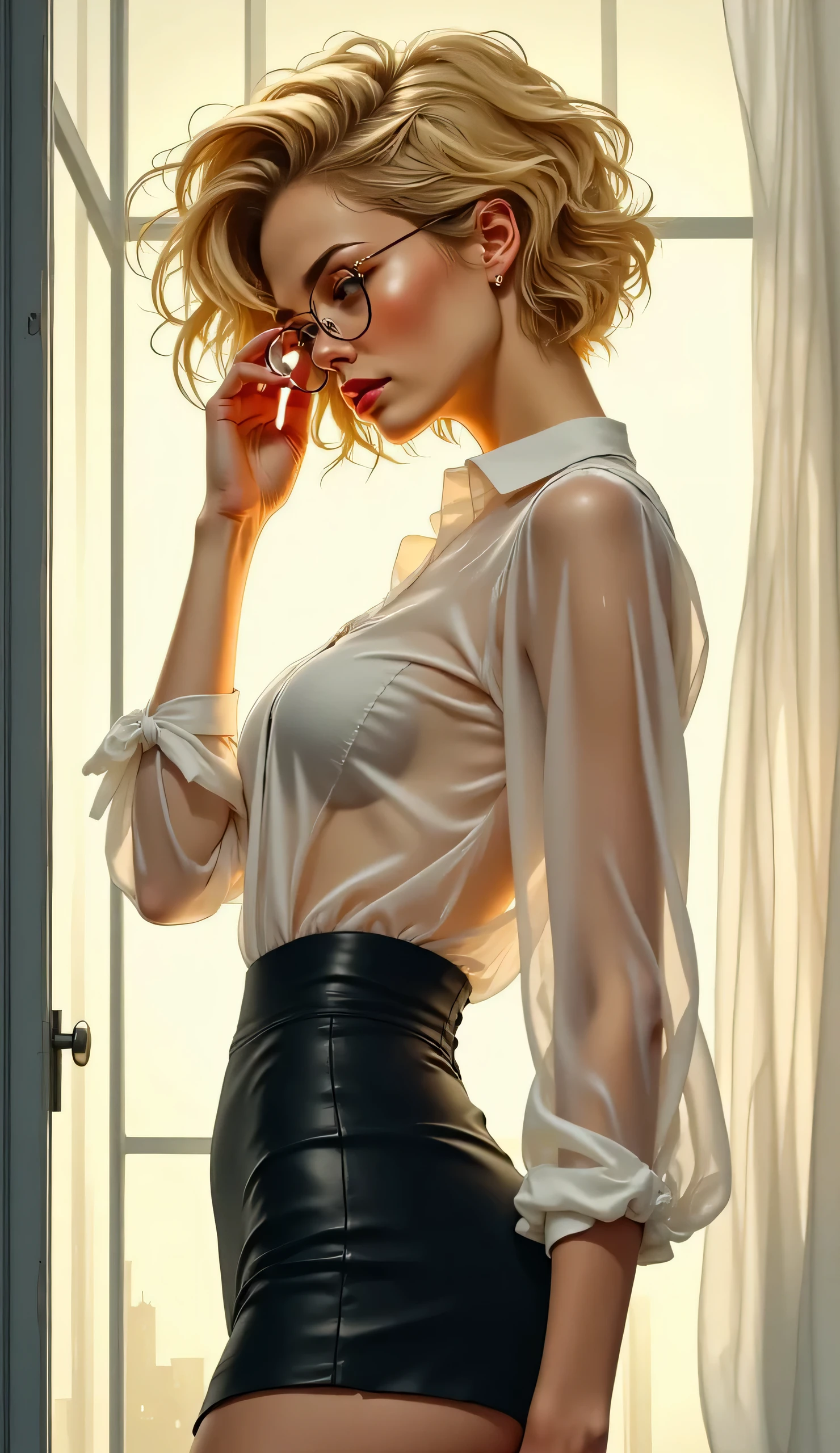 Comic sex art. Score_9, score_8_up, score_7_up, ((highest quality)), ((masterpiece)), ((full face)), Perfect Face, (High definition), (Best Shadow), 8k, cinematic, (Realistic:1.4),dramatic. Comic art. a beautiful secretary with short blonde hair. She takes off her glasses ((glasses off:1.5)), red make-up. perfect hands. Side view, she stands in front of a window, the sun coming in makes her blouse transparent. She wears a black leather miniskirt and a transparent white blouse. perfect anatomy , seductive gaze. Greg Capullo style image.
SFW.