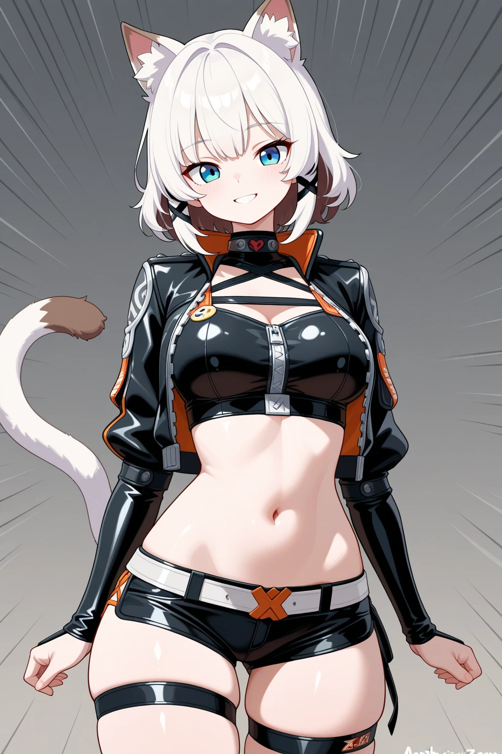 Wolfie, hells, 1girl, solo, furry character, leather pantsuits, wolf ears, white skin, yellow eyes, sexy pose
