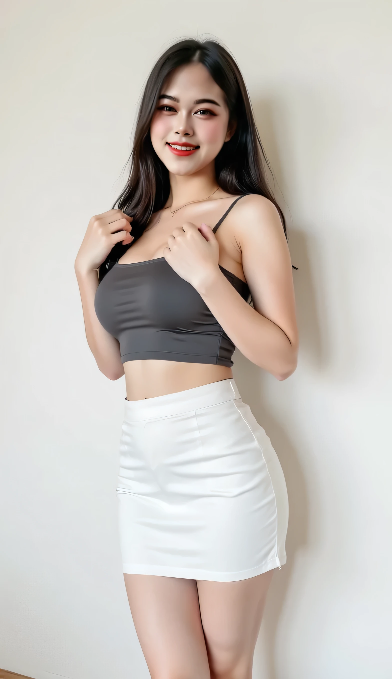 A girl of about 40 years old,simplicity,Extremely beautiful and delicate,(light make-up),Black color hair,A sweet smile,Delicate and beautiful fair skin,Realistic and realistic,exquisite and complete facial features,Detailed depiction of the face,tall nose bridge,Red lips,Beautiful, gentle and beautiful girl,Smooth hair,extremely detail hair,Feminine temperament,Fill your face light,hyper realisitc,photorealestic,8K quality,extremy detailed,Realistic details,Works of masters,Realistic to the extreme,big breasts body,Beautiful,Pure desire,Stunning beauty,Peerless beauty,Highest image quality,8K分辨率,goddes,ssmile,Fine facial features,Hair over the shoulder,A brown-haired,Large long thick legs,(((High-waisted French top))),(((short skirt))),rays of sunshine,facing at camera,The body is well-proportioned and firm,Gentle eyes,Exposing thighs,stand posture,Stand inside the mall,Full body photo