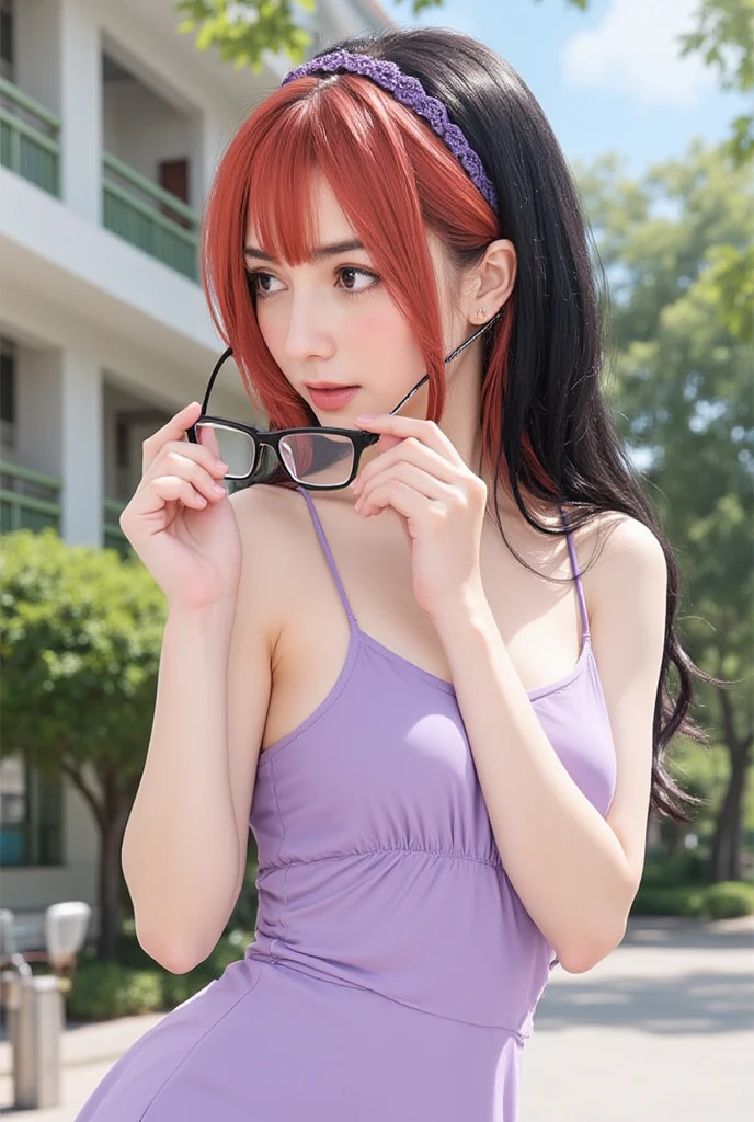 (Meisterwerk, Better quality: 1.2), Cowboy-Schuss, Allein, 1girl, karin uzumaki, long red hair, beautiful red eyes, glasses, Smile, Ich schaue mir den Versand an, Arms explain a topic, Symbol der Astrologie, Hair tubes, In sleeveless, nackten Schultern, Astrologe, night, moon shine, cherry blossom, romantic