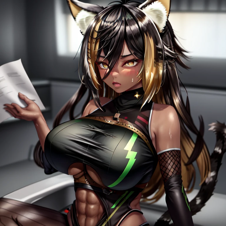 Alone black woman // Dark skin woman // big breasts (G cup) // long hair // cat ears // cat tail // full body // muscular woman // sports swimsuit // leather jacket // high boots 