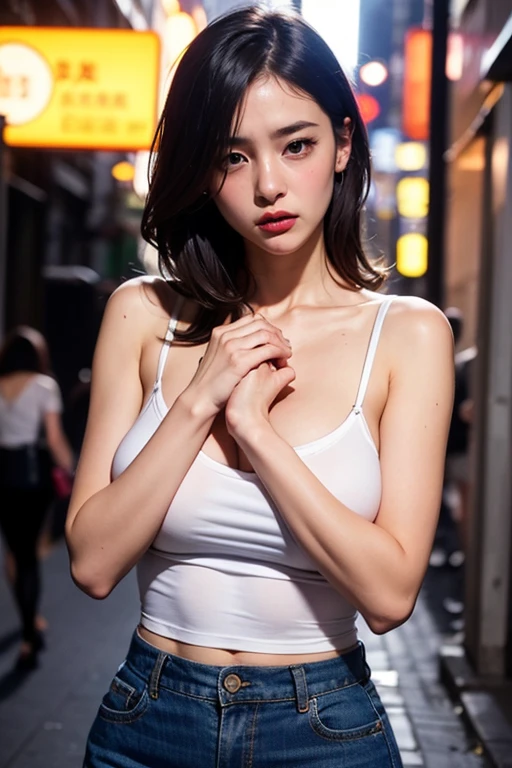 One girl, Tokyo Street,night, Cityscape,City lights,Upper Body,close,smile,, (8k, RAW Photos, highest quality, masterpiece:1.2),(Realistic, photo-Realistic:1.37),