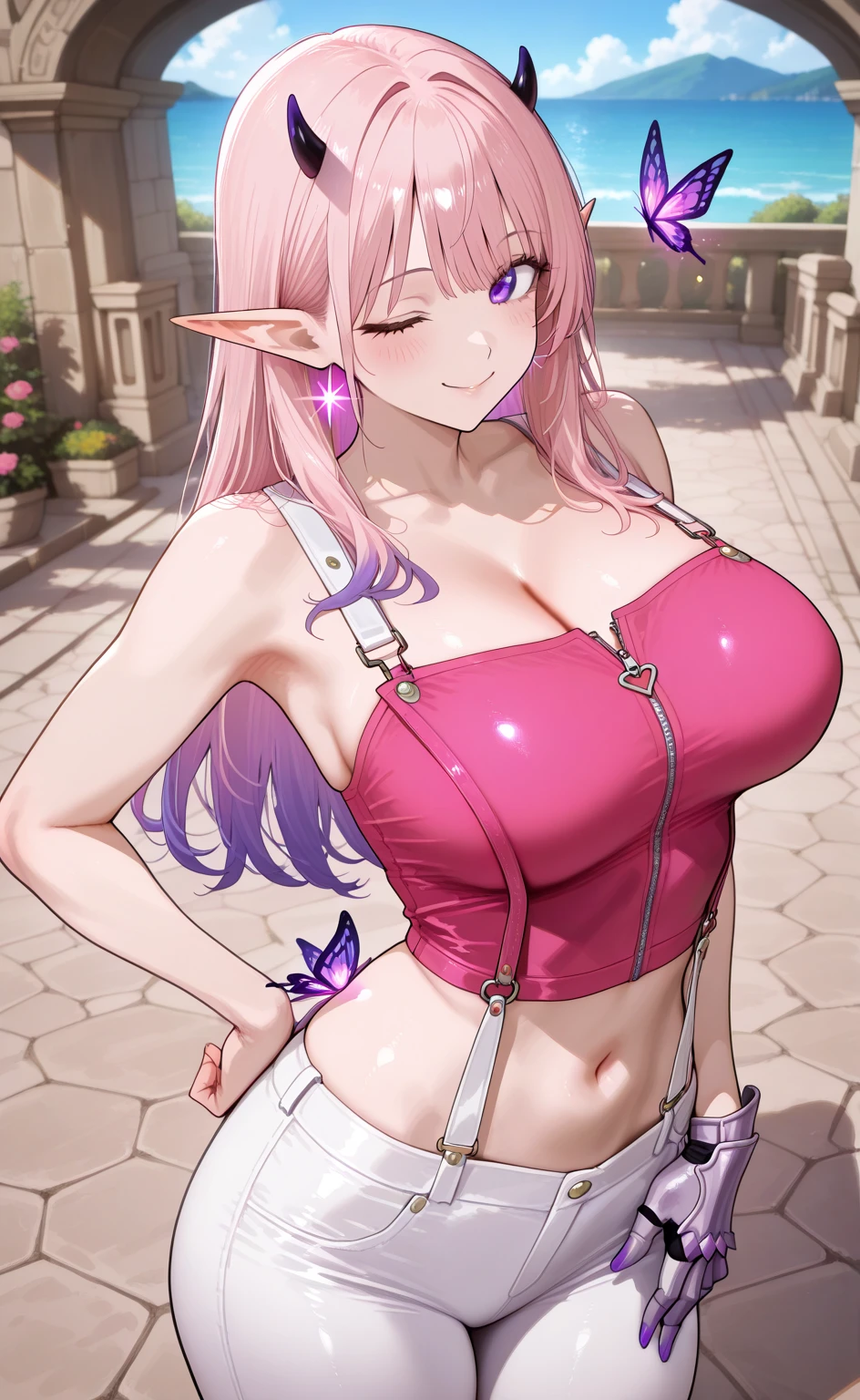 (best quality, 8K, high resolution, masterpiece:1.2), Digital Artwork, A girl, Delicate face, Exquisite eyes, Pink Hair, Long and straight hair, Glowing purple eyes, red lips, Suspenders, Fantasy Landscape, Vibrant colors, Soft Light, Whimsical atmosphere, Blooming flowers, floating long dress, fine details, Ethereal Background, Dreamy aura,、Huge breasts(10.0),Deep cleavage(10.0),Nipple protrusion(10.0),、Huge breasts(10.0),Deep cleavage(10.0),Nipple protrusion(10.0)Elf ears 、Huge breasts(10.0),Deep cleavage(10.0),Nipple protrusion(10.0)Exposing nipples(10.0)Exposing nipples(10.0)Exposing nipples(10.0)Exposing nipples(10.0)Exposing nipples(10.0)Exposing nipples(10.0)Exposing nipples(10.0)
