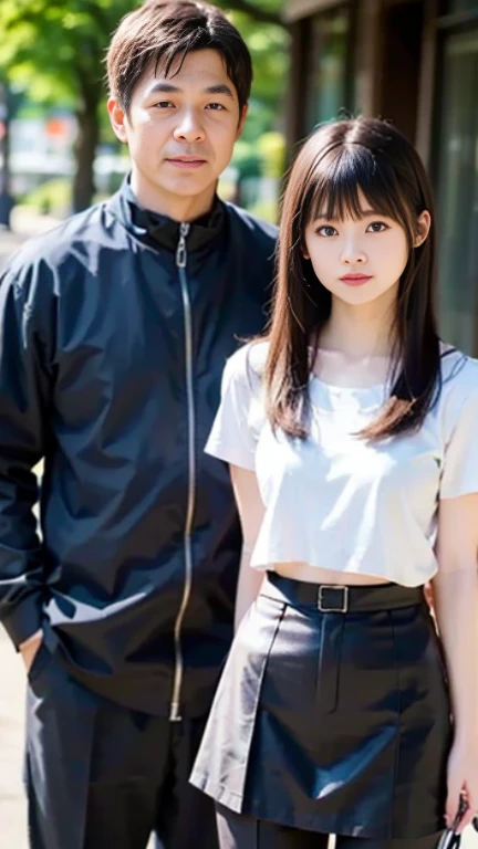 16 years old girl, black hair long hair with bangs, cute face, have messy hair, wearing mini pink dress, with black man professor her bf