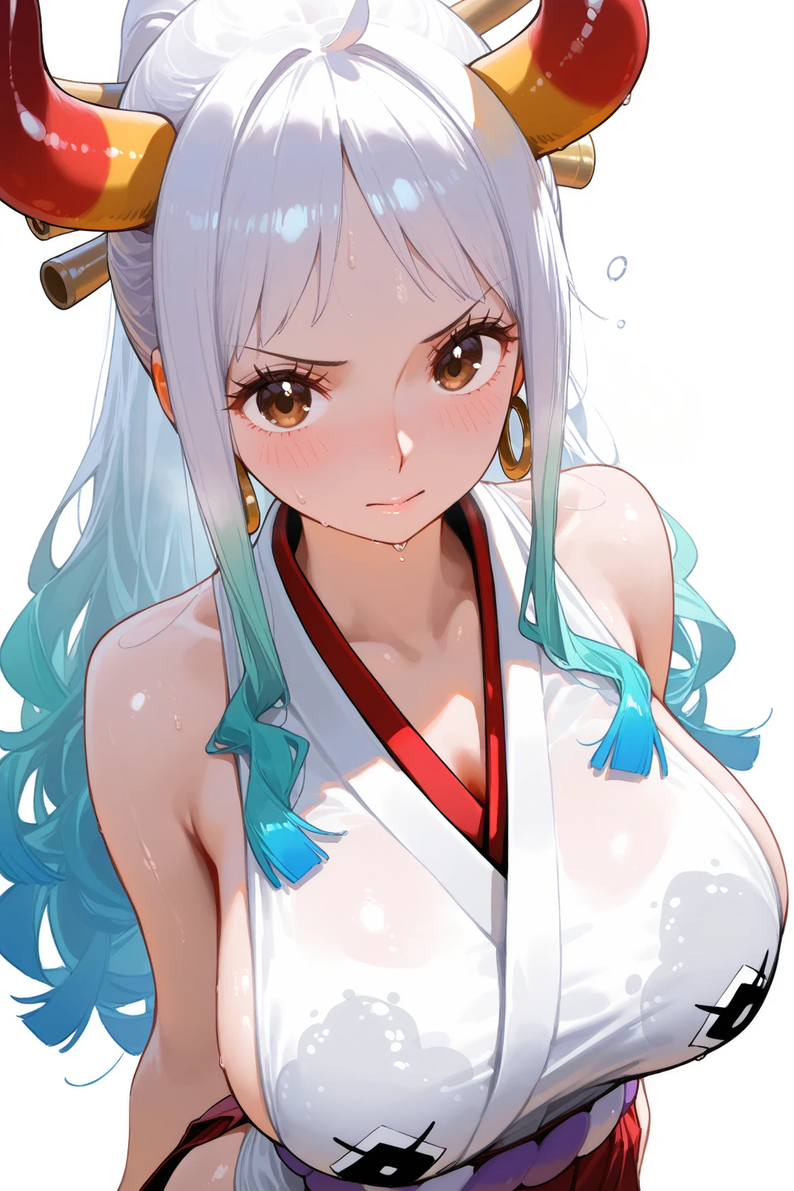 Yamato (wanostyle) earrings, hair stick, bare shoulders, japanese clothes, rope, sleeveless kimono, shimenawa, high ponytail, large breasts, side boob, bathhouse, water, wet, multicolored hair, light green hair, horns, happy