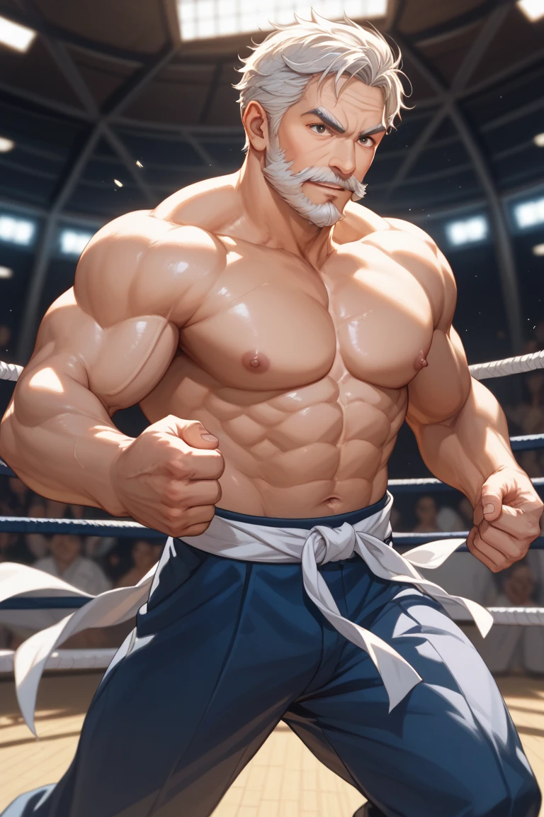 Giant 80 years old man, absurdly huge bulge, cheek bones, hair covers up ears, Thick pronounced grey beard, ears covered by hair, absurderes, hight resolution, 1male people, full body visible (wrestling Magazine covers:1.2), Yaoi(bara) , Stubble,clothes down, matured male, rugged face, old face, beefy, thick grey eyebrow, thick eyebrows, bushy grey eyebrows, well groomed moustache, blue eyes, oily skin, sweaty, nose takes up a huge proportion of the face, enormous nose, very large nostrils, roman nose, hooked nose, old man with eagle like nose, absurdly big nose, aquiline nose, old man, 80 years old man, wrinkles, gigantic muscular old man, enormous physique, muscle domination, very thick arms, very manly, dark brown skin, dark olive skin color, thick grey beard, Male Focus, bushy grey beard、(wearing blue latex wrestling singlet), vascular, thick thighs, large nostrils visable, wet, very sweaty, arch shaped nose, sexy, (Black skin), big bulging crotch, big crotch, latex, wrestling uniform, blue wrestling singlet, sweaty body, very hairy chest, crotch in focus, Detailed body,Ultra-detailed eyes,hyperdetailed face,(Gray hair:1.2),(All Back Hair:1.2)、(Very long grey hair:1.2),(hyper pecs:1.5),Open Claus,(Soft smile:1.2),Perfect ligthing,(flexing biceps:1.2)
