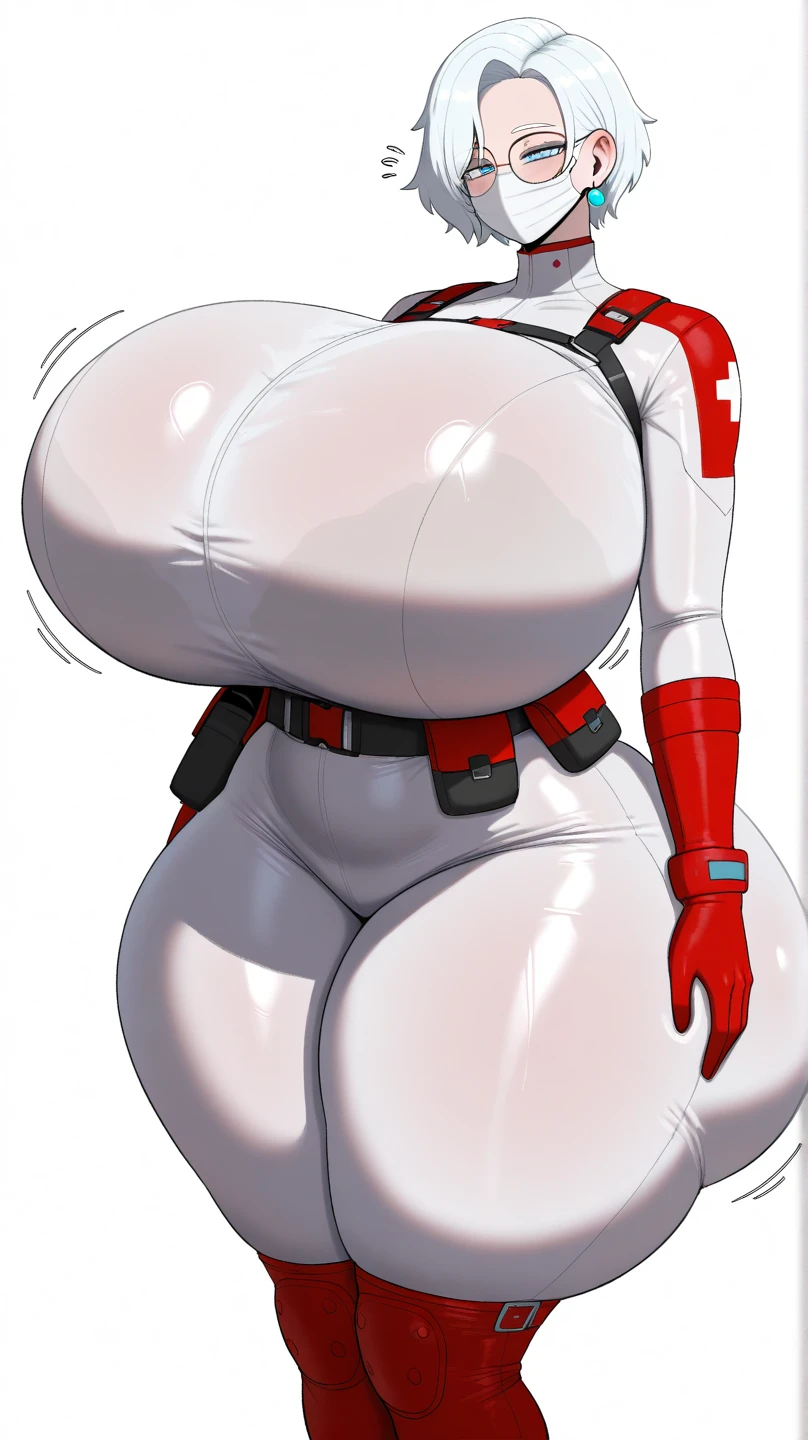 ruanyi0124, choker, id card, thong, see-through, nurse, nurse cap, white bra, garter straps, white dress, elbow gloves, masterpiece, , best quality, highres, dragon ball, blmmid, aqua hair, medium hair, blunt bangs, huge breasts,, full body