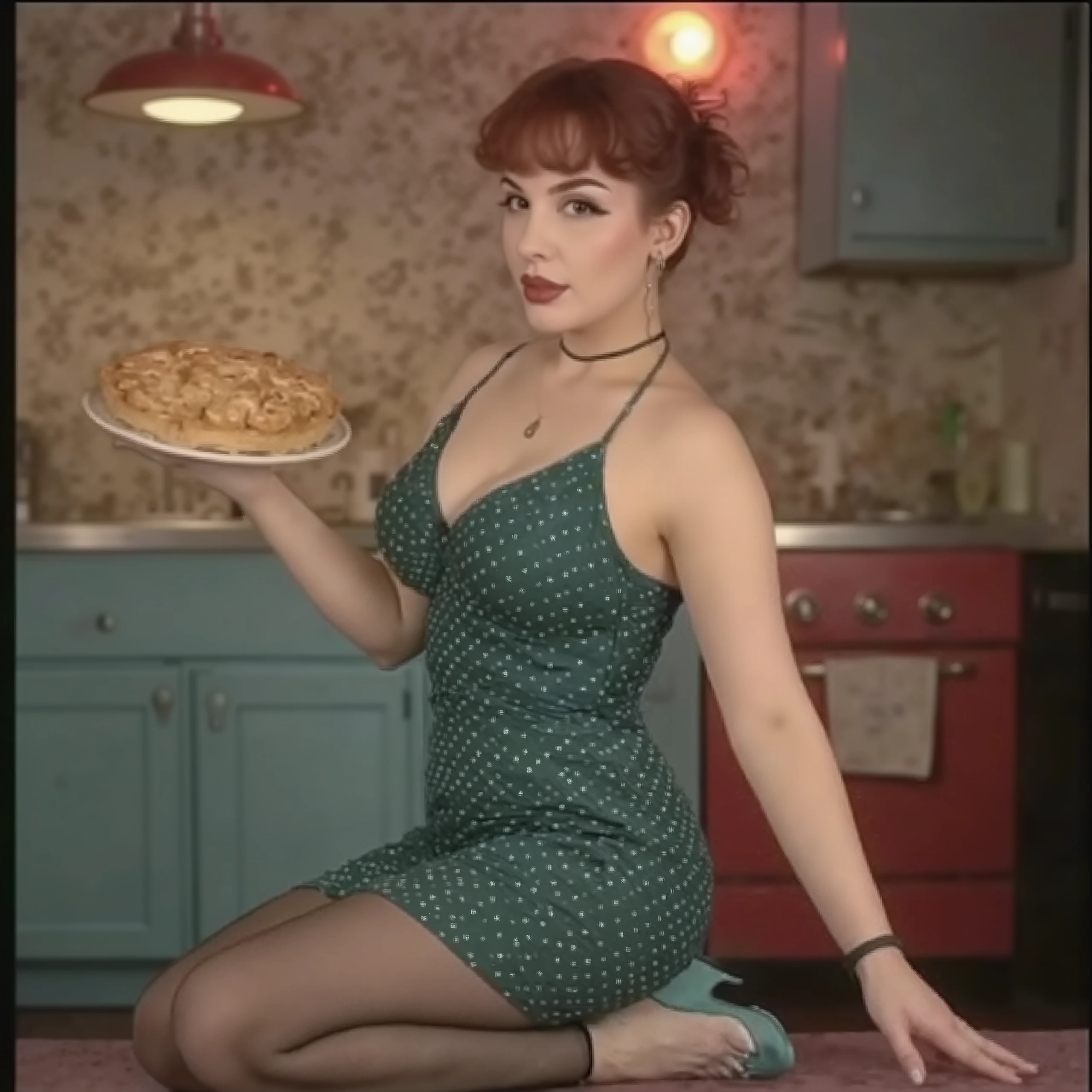 1950s. a housewife in a polka dot dress and apron, natural big breast, cleavage, baking in a retro kitchen with colorful appliances and a checkered floor