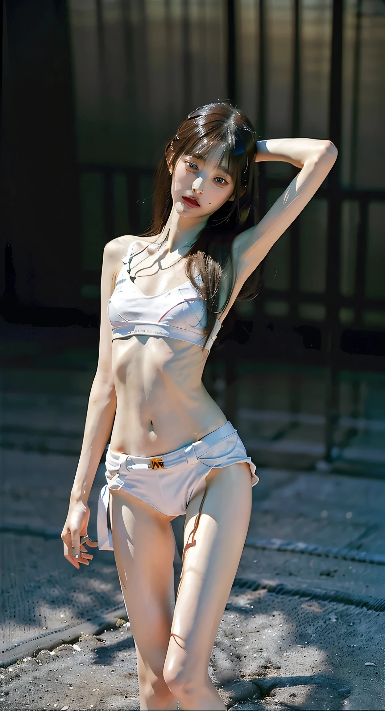 masterpiece, premium quality, Highly detailed CG Unity 8K wallpaper, Super realistic 8kCG, perfect artwork, hourglass body shape, dramatic shadow, (Spotlight, perfect lighting, detailed light, (((1 girl ))), ((sharp face)), ((lead head hair, ponytail hair)), (((sexy pose))), model body shape, I can see your belly button, big and full breasts, ((cute face) ), (smile gently: 1.2), (asymmetrical bangs, beautiful eyelashes, green eyes), beautiful face, (beautiful chest line: 1.2), (cleavage), beautiful girl, Exquisite facial features that represent a perfect face, cold, naturally beautiful, Sweat, light and beautiful texpensive expression., expensive school girl, expensive , sailor suit, pleated skirt, loose socks, In front of a wall full of graffiti, night, (((leaning against the wall, she is standing))), award winning photos, detailed, realistic light and shadow, 8K resolution, professional lighting, (shiny skin:0.9), perfect hands,