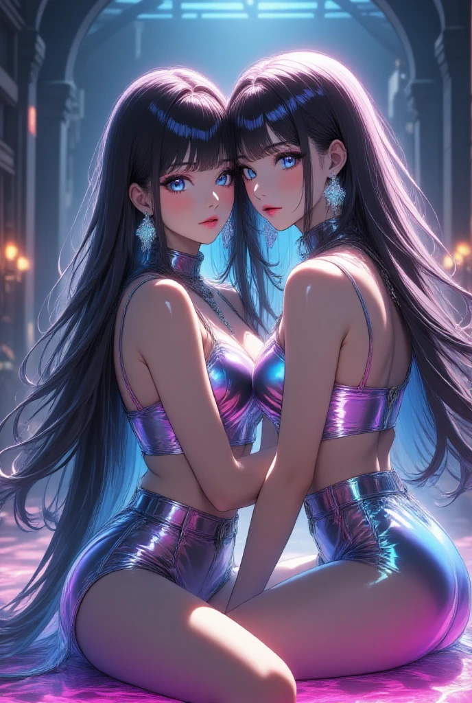 two girls in erotic embrace, bedazzling eyes, exposed stomach, exposed midriff, bare tummy, navel, glitter, starlight, tube top, black jeans