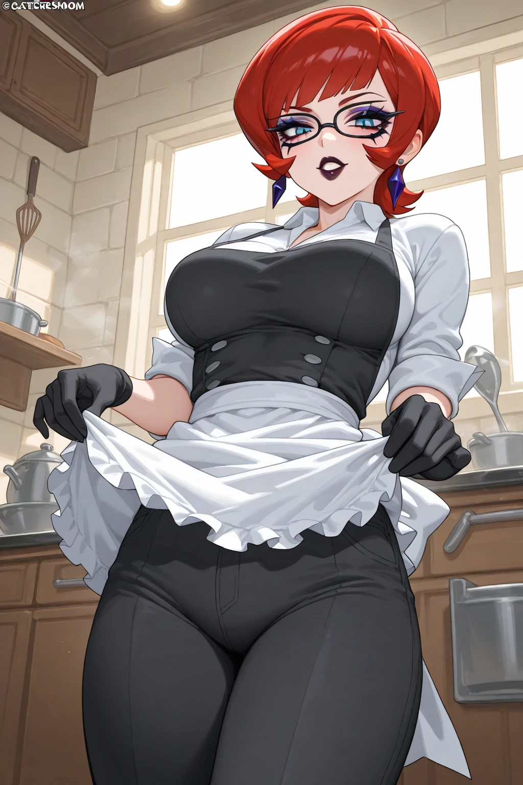 (High resolution,realist:1.2),beautiful,Cute mother and teenage son in a kitchen, mother with yellow gloves, mother with apron, mother with red and sexy underwear, lifts her skirt to show her underwear.