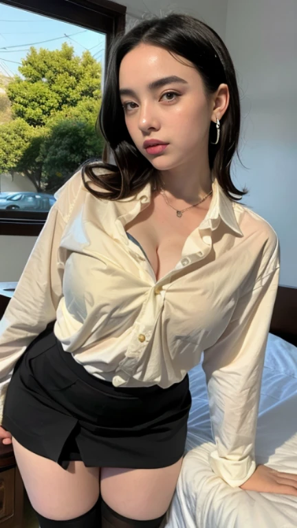 masterpiece, best quality, illustration, Super detailed, fine details, High resolution, 8K,wall paper, perfect dynamic composition,(Details High quality, realistic depiction of eyes:1.3), (Fashionable, a belt black suspenders, Aside Cutter Shirt, a miniskirt, garterbelts), short bob hair, large breasts, black hair color, Big Natural Color Lip, (perfect body shape), crying a little、Harajuku style、20 year old girl、beautiful legs, hotel room, Gravure Idol, Voluptuous thighs, (woman on top, straddling, sitting)
