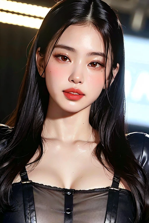 masterpiece, best qualitiy, RAW photos, realisticlying, A high resolution, hyper-detailing, Focus on the face, looking at viewer, Detailed eyebrows, realistic beautiful eyes, realistic glossy skin, straight Bangs, realistic movie lighting, detail shaded, high contrast, Slender, big boob, Big breasts, Exposed cleavage, nsfw, Sexy face, Facial expressions when receiving pleasure, ((Dark background)),