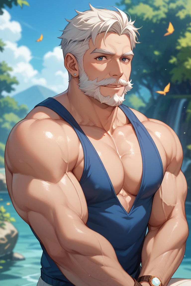 Reinhart, Sit in the water，A old man, lbeard, whaite hair, scars on eyes, The muscles are huge，The pectorals are large, Best quality at best