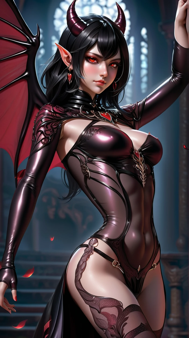 Create the image of a beautiful sorceress girl with black hair wearing a red and dark coat with a bodysuit Black wearing long boots her body is extremely sensual her eyes shine with intense red The body is sculptural in an extremely provocative pose