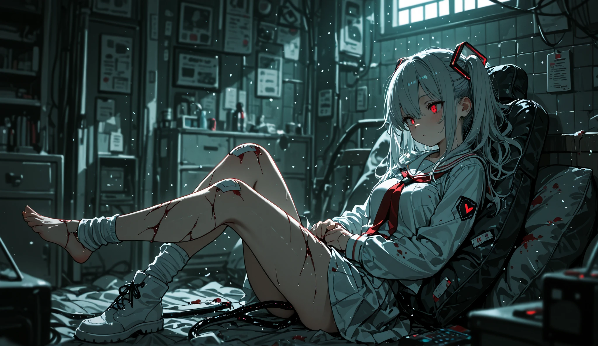 (masterpiece,photorealistic,best quality,8k,extremely detailed CG,beautiful detailed eyes,intricate details),1girl,lonely,weak,(pain face,upset,sweat)
,solo,white hair,long hair,hair between eyes,(light purple eyes,glowing eyes),((factory ruins,rusting,night,leaning the wall,lamp)),(injury,infection,sick,bandageon legs,,bloodstained bandage,right hand covering stomach),(layer skirt,torn clothes,off shoulder shirt,barefoot,),steampunk style,<lyco:GoodHands-beta2:1.4> <lora:RAL-000012:0.45> <lora:Silicon-landscape-isolation:1>