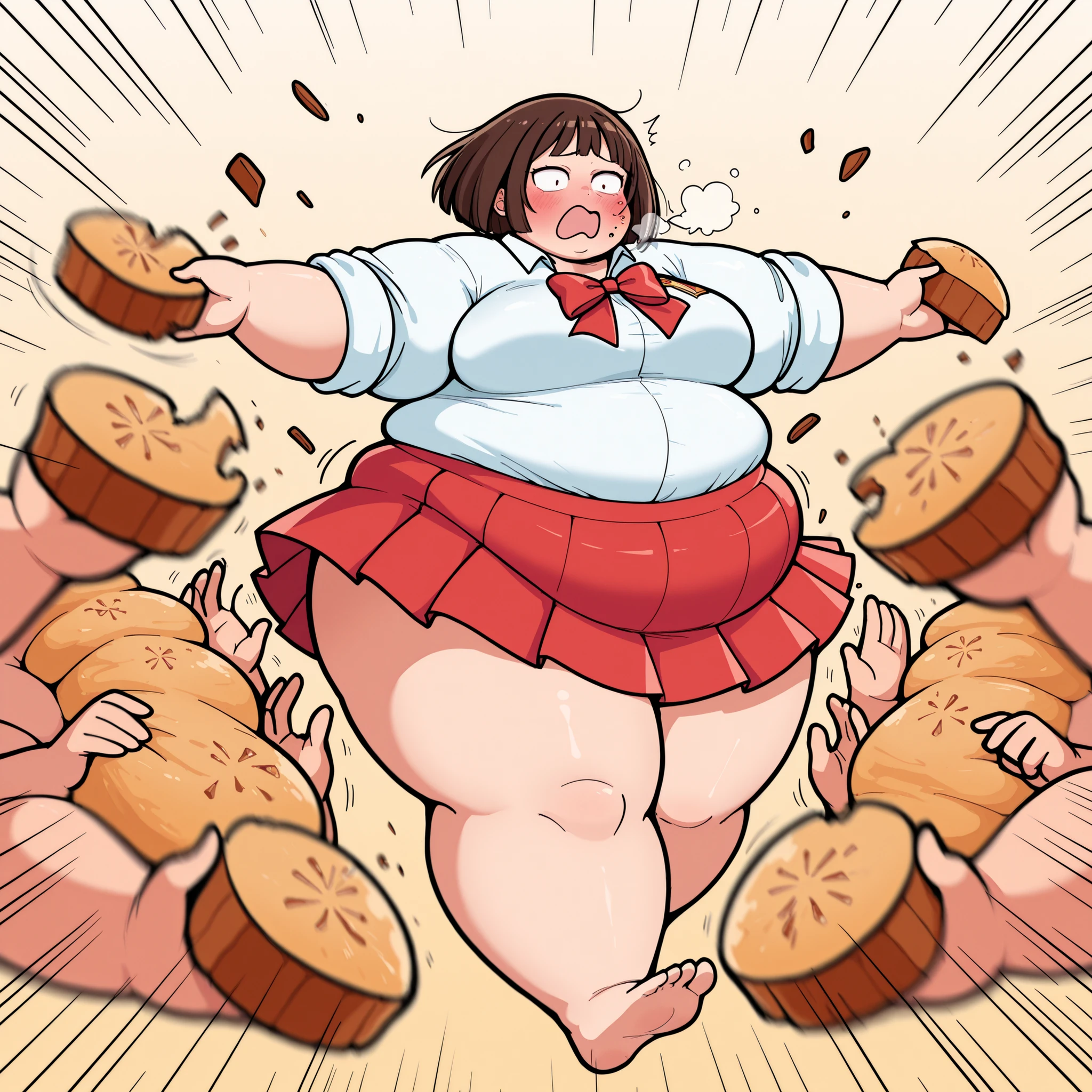 solo,
mitsumi 1girl, brown hair, bob cut, (sanpaku), (brown eyes:0.5),
,white shirt,red bow,sleeves rolled up,,pleated_skirt,BREAK, tones of food,
rush with food,food rush,multiple hands with food, multiple food,,hands with food,(motion_blur:1.2),(motion line:1.1),speed_lines, fat, chubby, obese, gigantic arms and legs, large breasts open mouth, out of breath eating food, blush, embarrassed, full body shot, showing feet,