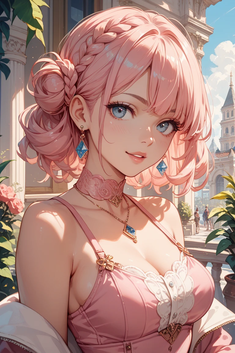 masterpiece, best quality, ultra-detailed, illustration,(1girl),beautiful detailed eyes, looking at viewer, close up, (breast focus), (arms behind back:1.2), (from above:1.1), pink hair, huge breasts, (breasts out:1.3), (off shoulder:1.1), underwear,