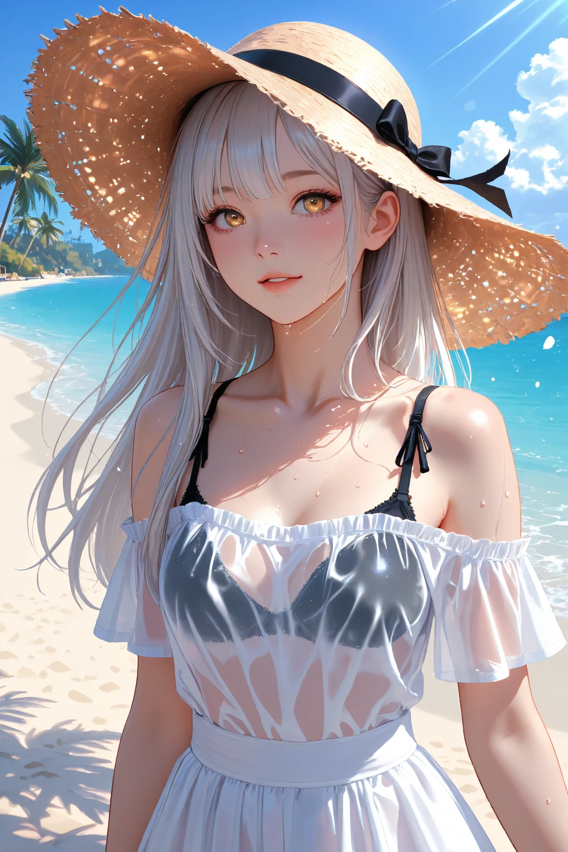 Anime girl, at the sea, white hair, cute, warm atmosphere, wearing a straw hat
