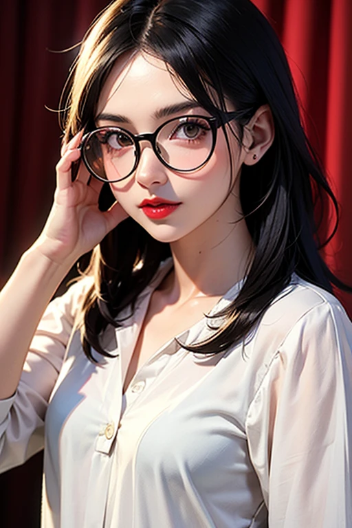 a beautiful milf with huge breasts, wearing round glasses, sitting on a table in a library, wearing tight black latex stockings that dig into her juicy thighs, wearing a choker collar that strongly compresses her neck, her tongue sticking out and eyes rolled up, (best quality,4k,8k,highres,masterpiece:1.2),ultra-detailed,(realistic,photorealistic,photo-realistic:1.37),detailed eyes,detailed lips,extremely detailed face,long eyelashes,elegant mature woman,seductive pose,intense expression,chiaroscuro lighting,moody atmosphere,dramatic shadows,rich colors,cinematic,portrait