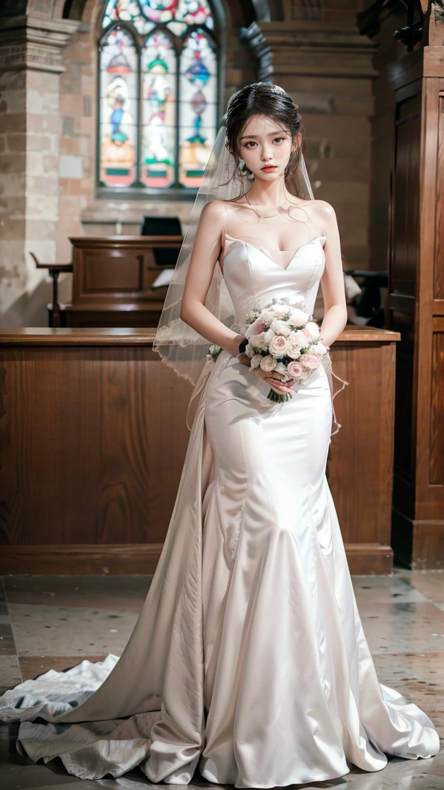 real photography，perfect masterpiece，Wedding photography，Asian perfection，female，有魅力的female人，Supermodel body and shape，light blonde hair，clear hair，Careful hair texture（Premium hair details：1.1）Beautiful and delicate eyebrows and eyelasheig eyes，light brown eyes，red lips，perfect lip shape，clear skin texture，moist skin（Advanced facial details：1.1）Perfect face，Korea&#39;s top supermodel，Supermodel body，Perfect face，Korea&#39;s top supermodel，Supermodel body，golden ratio figure（Real and perfect body shape：1.1），Pronovias ：Spanish Romantic Mermaid Wedding Dress，Wearing a high-end fishtail wedding dress dresridal Boy，Wear black and strappy heels，wear necklace，ear nipple ring，jewelry，jewelry，indoors，Ancient style church，ancient decorated church，noble, Brilliant light, expensive paintings,full-body shot，High-end wedding art，Korean model works，high quality work，the most perfect masterpiece：1.1