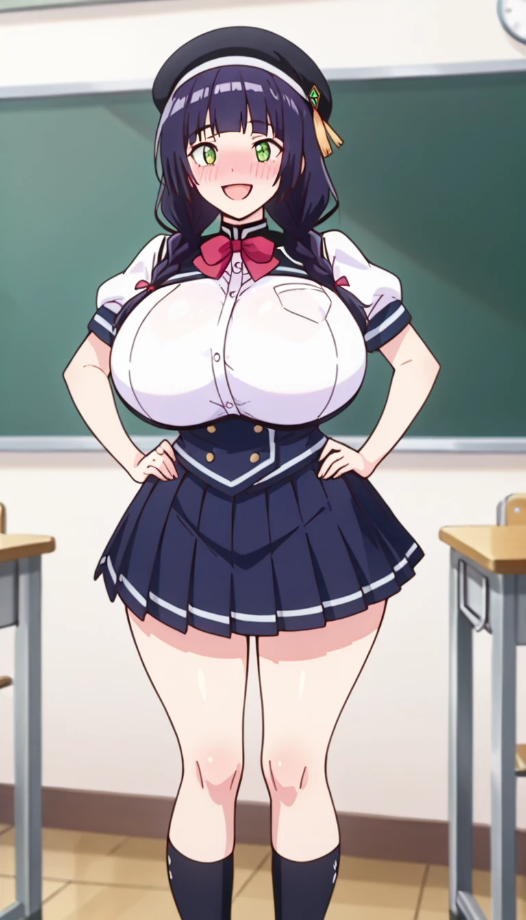 ((1girl, 2old man)), ((skirt lift:1.4)), ((An old man grabs a woman's panties)), (Exposed massive breasts:1.8), naked old man, Anime cel drawing style, Best Quality, High resolution, bra, Highleg Panties Thong, White sailor suit, Short sleeves, red neckerchief, Blue skirt, blue eyess, Purple hair, Bangs, Side Ponytail, Hair Ornament, embarrassed, fear, blush, looking at viewer, Full body, cowboy shot:1.6, classroom