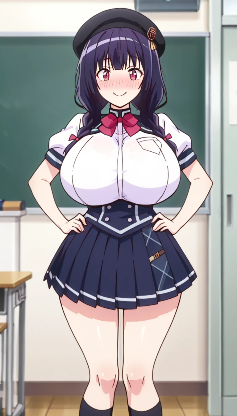 wearing high school uniform, classroom background, NJAkiV4, oda non style, anime cels style, purple eyes, best quality, high resolution, (huge breasts:1.4), cowboy shot, blush, embarrassed, smile, 1 girl, 20yo,Young female,Beautiful Finger,Beautiful long legs,Beautiful body, Beautiful Nose,Beautiful character design, perfect eyes, perfect face,expressive eyes, perfect balance, looking at viewer,(Focus on her face), official art,extremely detailed CG unity 8k wallpaper, perfect lighting,Colorful, Bright_Front_face_Lighting,White skin, (masterpiece:1.0),(best_quality:1.0), ultra high res,4K,ultra-detailed, photography, 8K, HDR, highres, absurdres:1.2, Kodak portra 400, film grain, blurry background, bokeh:1.2, lens flare, (vibrant_color:1.2),professional photograph, (Beautiful,huge_Breasts:1.4), (beautiful_face:1.5),(narrow_waist)
