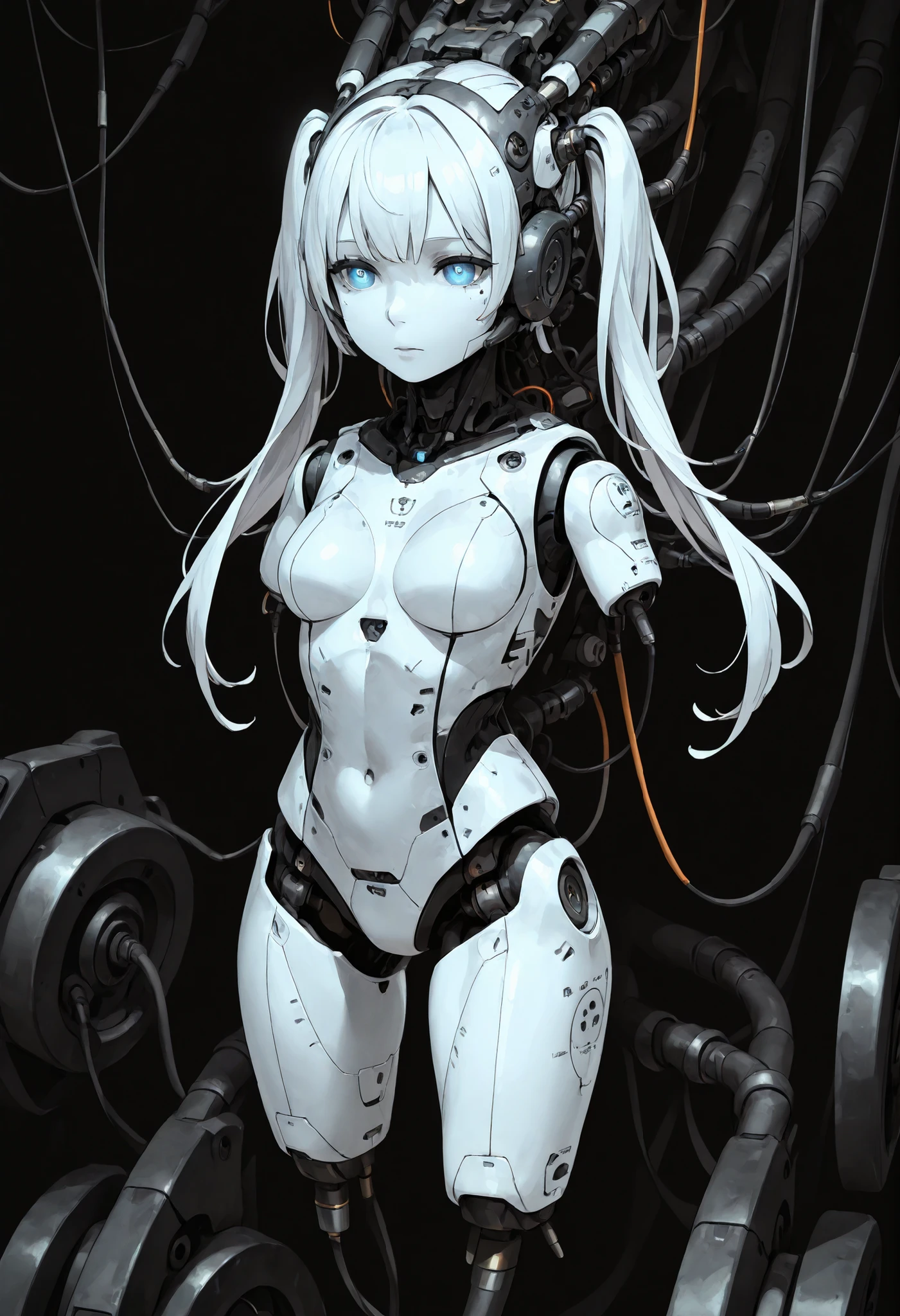 1girl, solo, white hair, long hair, twintails hair, android, cable, Machinery Parts, blue eyes, white skin, white bodysuit, Adjutant, robot, front shots, thighs, amputee arms, amputee legs,