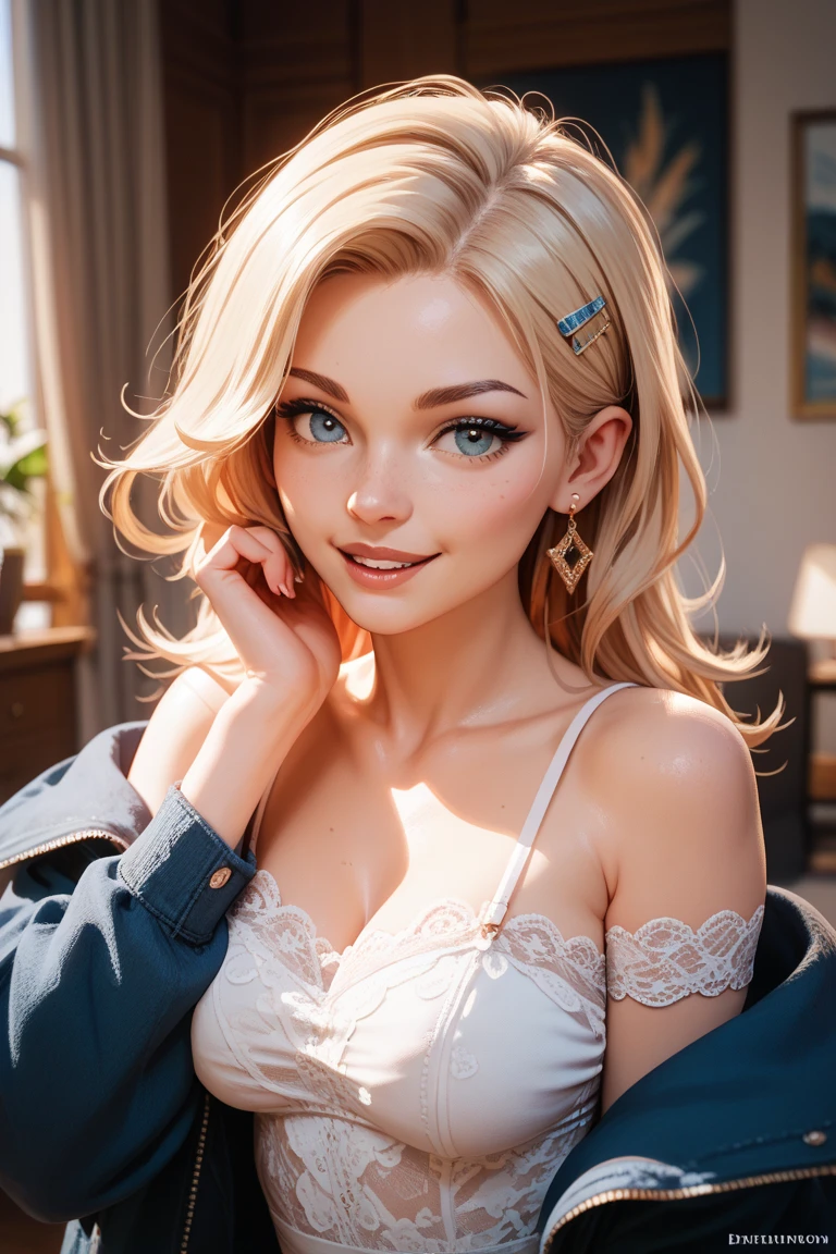 Caucasian woman, blonde hair, wavy hair, long hair, hair with ponytail, green eyes, lined eyes, red lipstick, smile, athletic body, (small breasts), nipples, low-cut blouse, earrings, necklace, selfie inside airplane, se see the window of the plane, frontal shot.