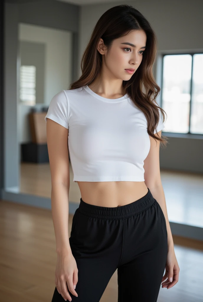 labios ligeramente abiertos, warm smile, mejor calidad, obra maestra, good lighting, mirando al espectador, looking to the camera, ropa deportiva, cameltoe, small breasts