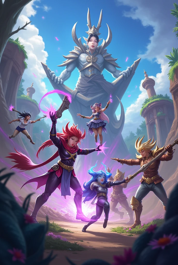 arvore estilo rayman legends, character estilo art rayman legends, girl and boy, corpo inteiro, ESTILO VIKING, acessórios gigantes,giant monster, big breats,Little bunny, (shorts),big breast, sensuality, caçadora
