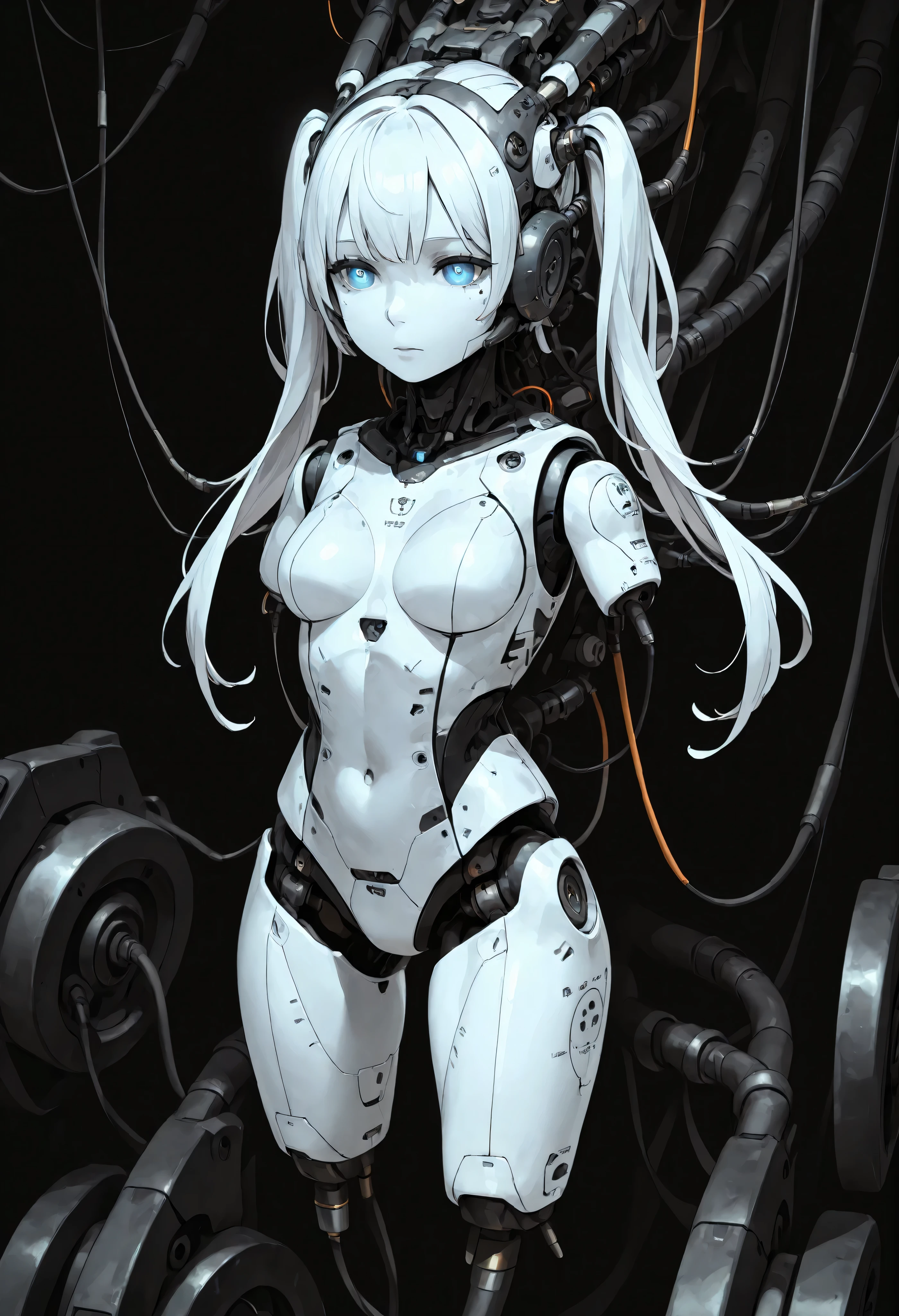 1girl, solo, white hair, long hair, twintails hair, android, cable, Machinery Parts, blue eyes, white skin, white bodysuit, Adjutant, robot, front shots, thighs, amputee arms, amputee legs,