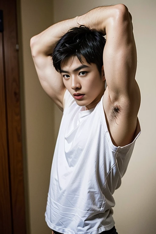 1 handsome Chinese guy,18-year-old male high school student,majestic,Who is Shi Yu?, Li Yuanbin, Kim Hyung Tae, Kim Hyung Tae, Yin Shishan, Handsome Chinese muscular guy,Broad shoulders and narrow waist,A handsome guy wearing a sexy bikini underwear, shirtless, topless,Form-fitting fabric contours the bust,in a remote warehouse,lifted arms, Masculine and sexy,High,Muscles look good,hairy body,Wheat complexion,black eyes(thin eyes 1:3),whole body image, smooth body