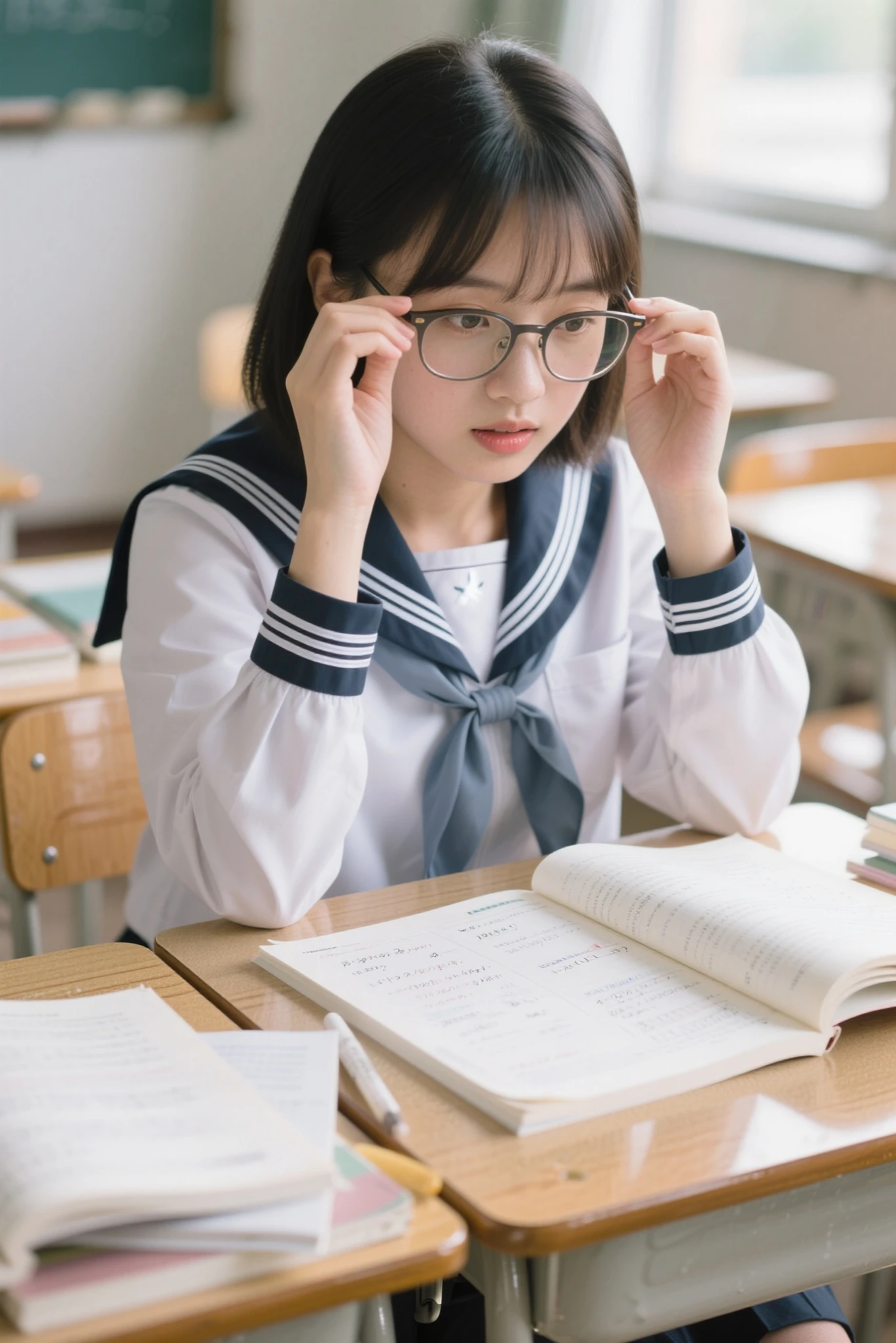 (8k, RAW Photos, Realistic: 1.25), masterpiece, highest quality, Ultra HD, Very beautiful and elegant Japanese woman, 15 years old, i always wear glasses, Beautiful black hair, Beautiful Skin, Beautiful Eyes, Not a slim body, Realisticで詳細な日本の高校の, Sailor suit, Navy Pleated Skirt,Realistic and detailed school library, Reading a book in the library, Random Pause