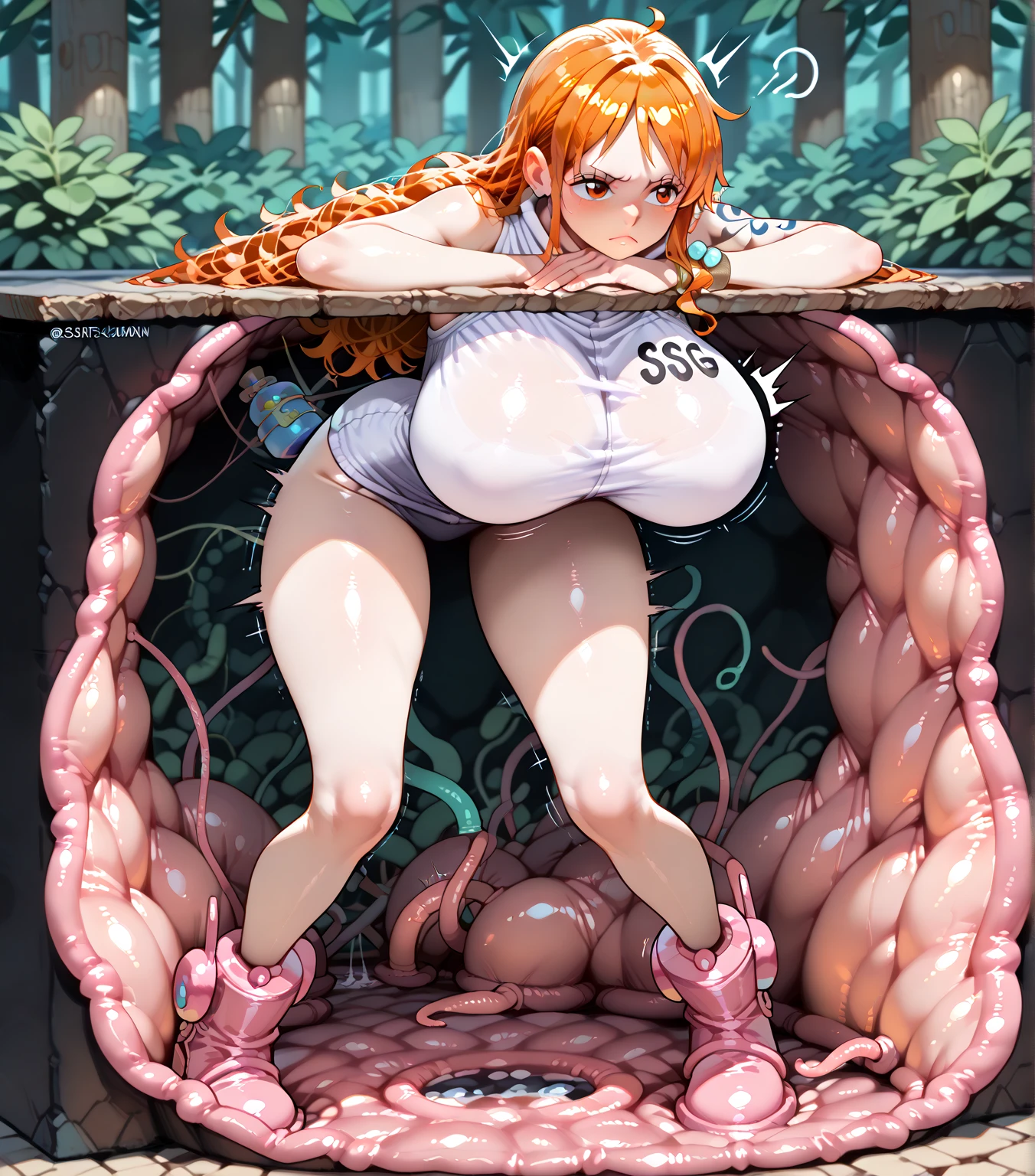Cute young girl partially undressed Small breasts Her legs are spread and her vagina and throat are violated by tentacles An erect and exposed clitoris Random hairstyle Japanese Plump areola Big nipples Sexual climax Breast milk squirting from nipples