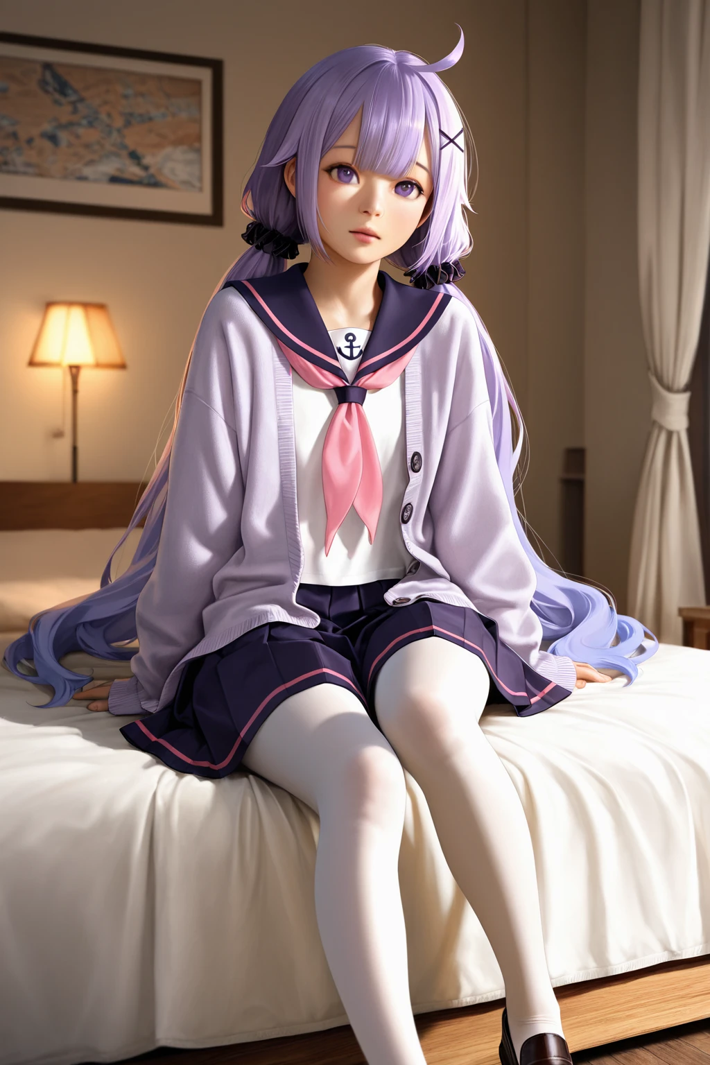 (8k, RAW photo, best quality, masterpiece:1.2), <lora:suzukaze_aoba:0.8>, suzukaze aoba, 1girl, hair ornament, school uniform, cardigan, twintails, purple hair, black bowtie, petite, small breasts