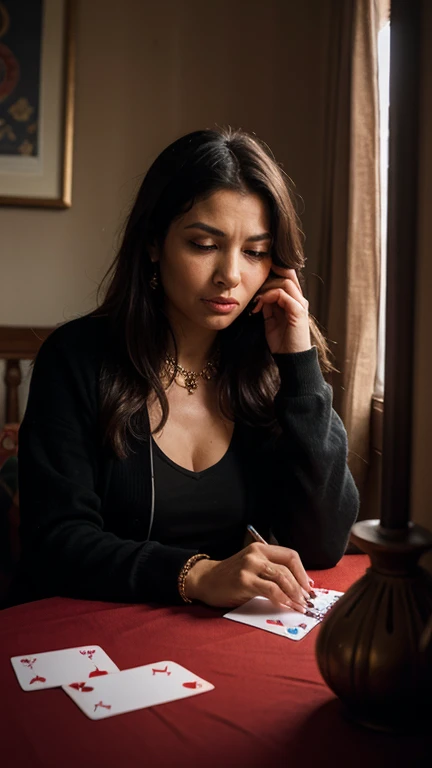 a fortune teller woman, with cards under the table, she is sitting at the fortune teller's table looking straight into the camera. realistic image, with high 8k quality