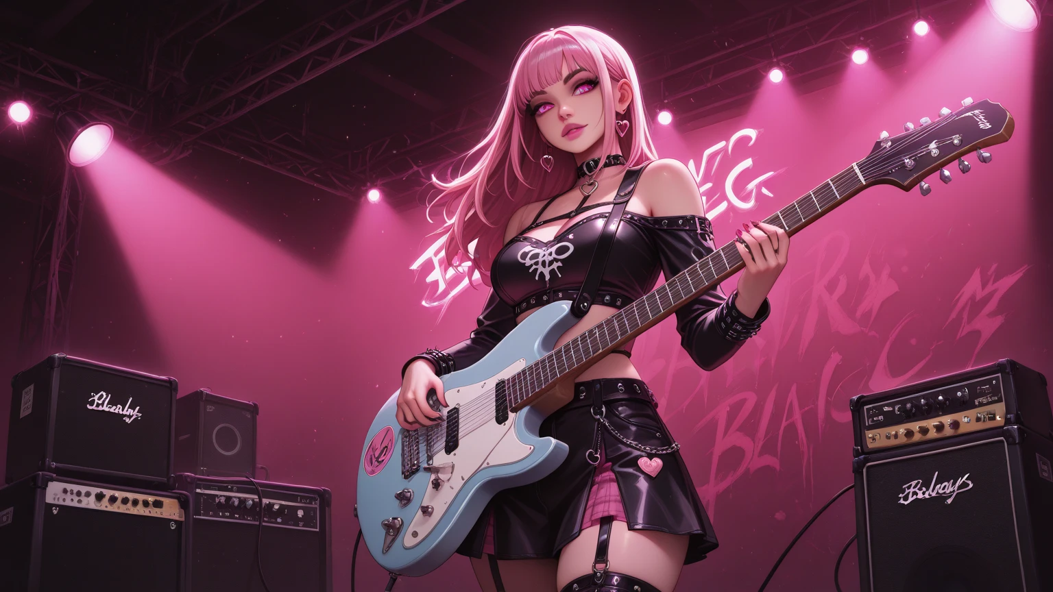 (((Only 1 woman))), ((high frontal shot)), masterpiece, 8k, high quality, ultra detailed, anime style, CG Unity, beautiful anime woman, ((30 years old, rockstar, bass_guitar player)), (((pale skin: 1.3))), wearing sexy (((leather outfit, miniskirt))), (((cleavage: 1.3))), (((green and pink hair))), blue eyes, ((perfect body)), (((breasts:1, waist:1.1, hips:0.9, toned legs:1))), looking directly to camera, sexy gaze, sexy smile, ((lucious lips)), (((playing guitar, sexy pose))), it is an (((artificial lighted scene))) in a rock stage club