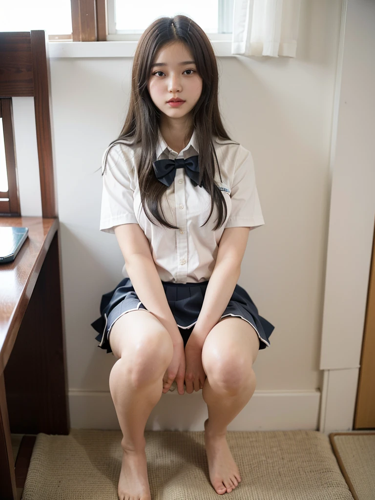 High angle shot, Alafed asian woman in short skirt and bow tie sitting on train, cute schoolgirl, M-shaped leg spread, ((white pants)), Japan schoolgirl uniform Japan, surreal schoolgirl in Japan school uniform, surreal schoolgirl in school uniform, surreal schoolgirl, schoolgirl in uniform, girl in uniform, school uniform, Full body of schoolgirl posing, nice skin, glowing skin, nice thighs, glowing thighs, glowing legs, barefoot