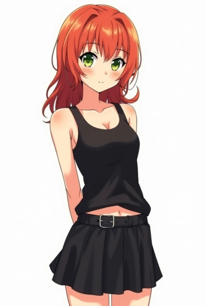 Anime girl, red hair, black tanktop, green eyes, tan line, panties, small breast,