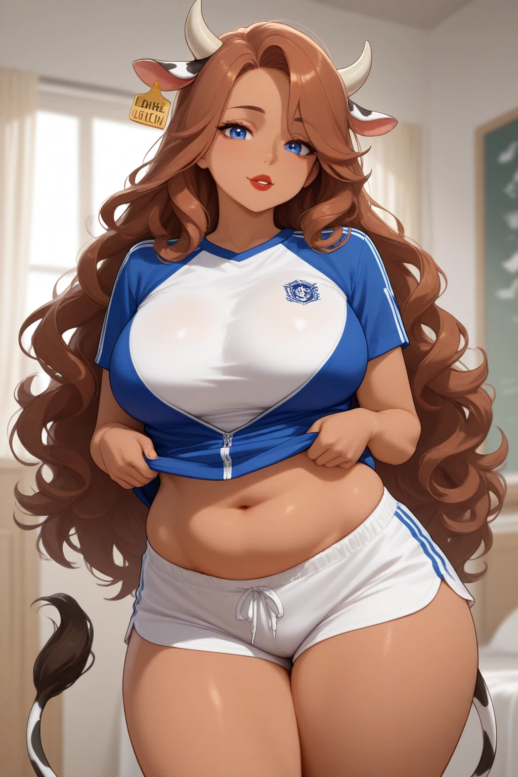 masterpiece, best quality, highres, aaandro, black g-string, brown hair, long hair, curly hair, blue eyes, hoop earrings, wearing a white Real Madrid shirt, long sleeves, pencil skirt, black pantyhose, dragon ball, indoors, room, standing, cowboy shot, smile, big window in the background,