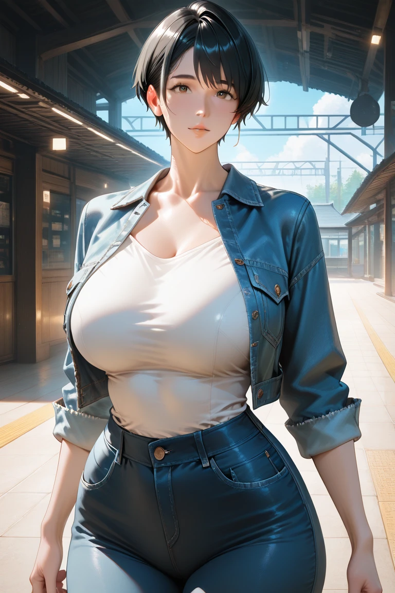 Woman, ((hair color [Dark Blue hair], [pixie cut with bangs] hair)), Blue Jeans, Red Work Shirt, ((Orange Safety Vest)), Very Large Breasts, Cleavage, Plunging Neckline, Thicc Woman, (Taking a Selfie), at Train Yard