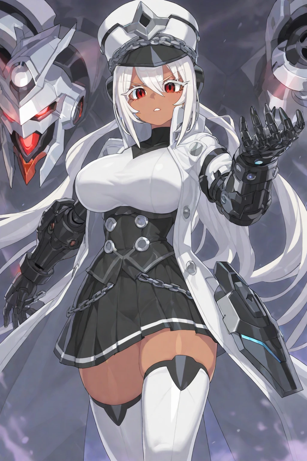 (full-body/upright/standing view:1.3). (({yamato})), ((in a futuristic city completely destroyed with flames coming out of the destroyed buildings)). {yamato}: wearing (((clothing/maid/black+skirt/white:1.5))), (((extremely +tight clothing:1.5))), is looking at the viewer, (extremely large breasts:1.8), ((making/poses/sensual:1.4)) holding a long black rifle., Hyperrealism, anime, 16k, UHD, masterpiece, best quality, high details