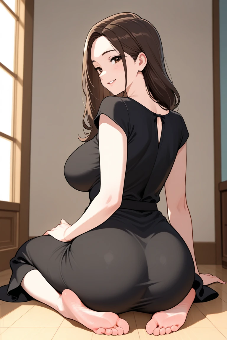 1 milf, long hair, wearing glasses, wearing a backless dress, front to back, back tattoo
