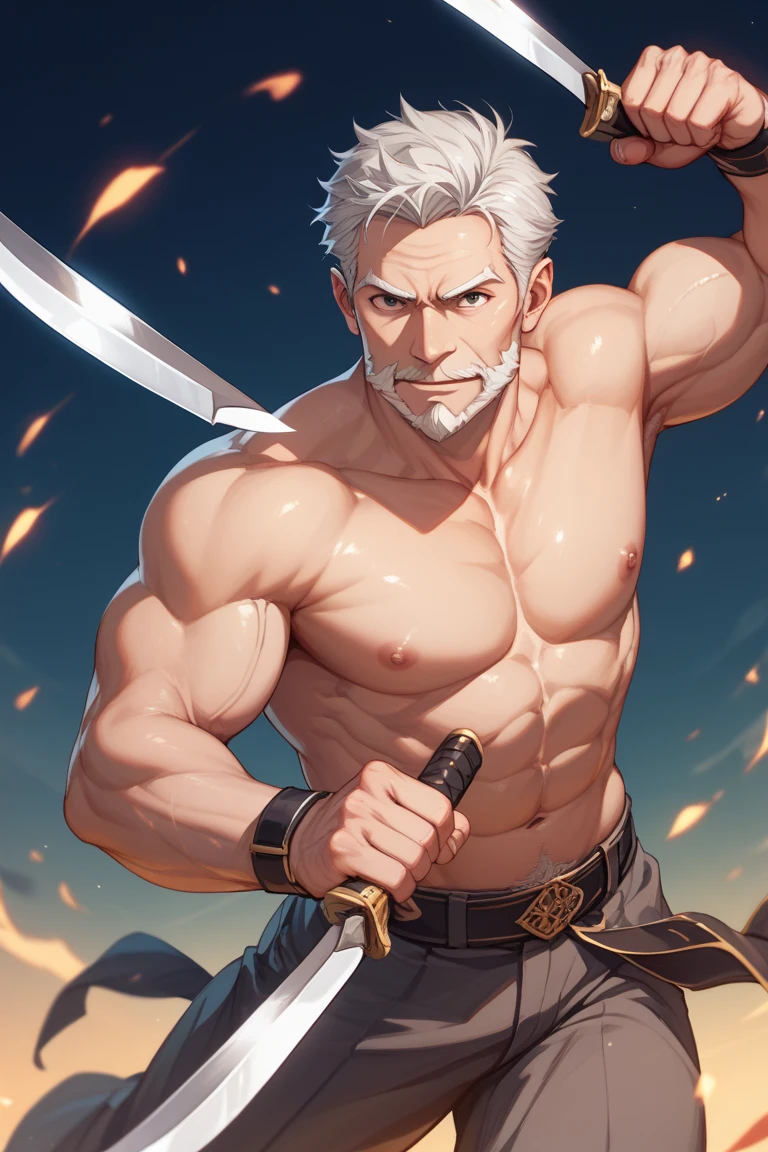 Assassin, male, silver hair, red eyes, side pose, muscular, holding a knife in hand, high res, 8k, beautiful image, abadoned building background, beautifully drawn