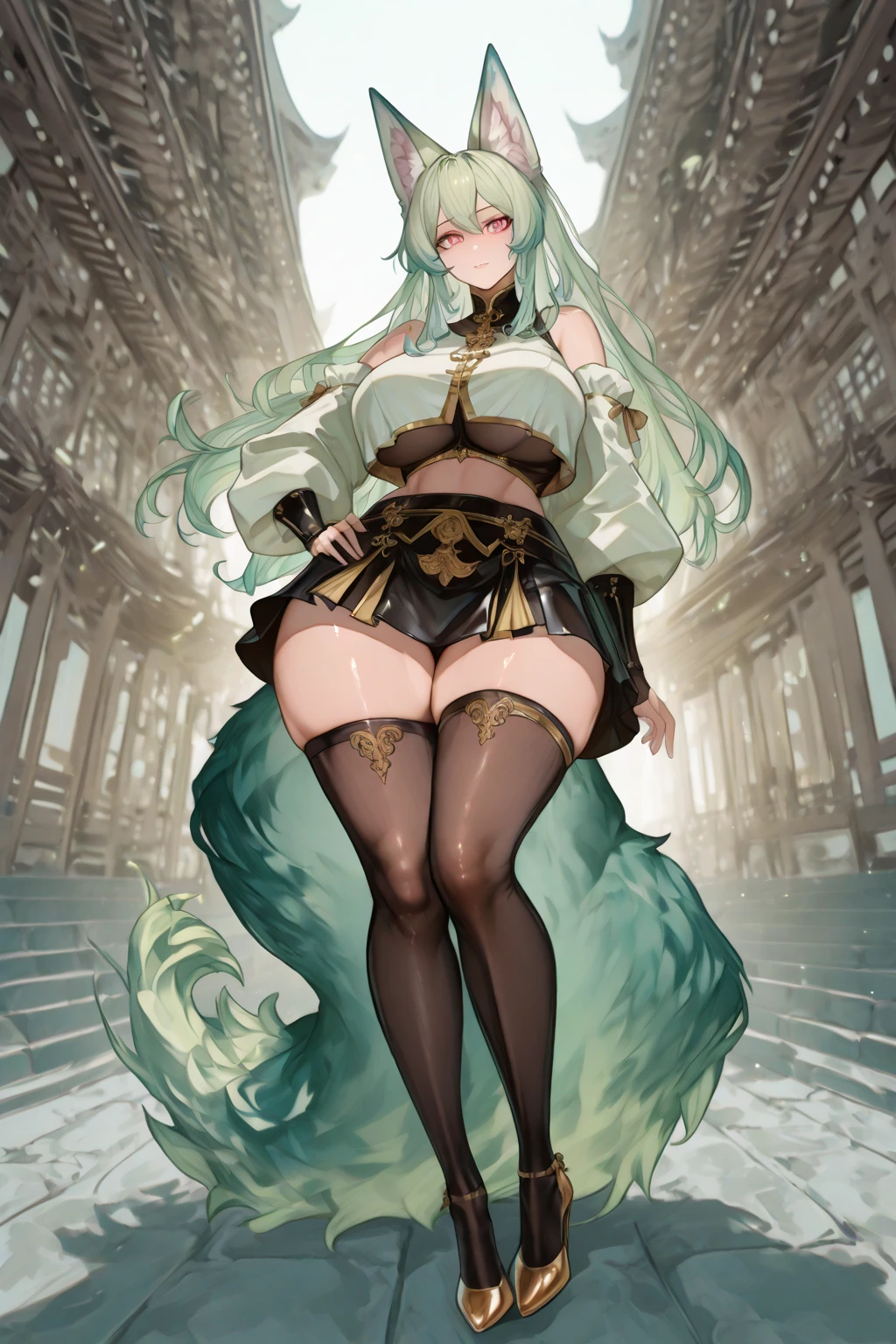 (work of art), best qualityer, idade 8 aphis, expressive eye, face perfect, mphiure female, extra large bubble style breasts pointy pink nipples, , long hair, (hair over one eye), very long hair, slickedback hair, cabelo preto BREAK olho amarelo BREAK vestido de phiite, green dress BREAK red lipstick BREAK shiny dress, elbow gloves, white gloves BREAK standing, cloused mouth, chic lobby, gazing_phi_viewer, bared shoulders, no-sleeves dress, balcony, city lights, skyscraper, céu phiturphi, pretentious smile, gazing phi viewer, from behind, gazing back, cute ass, blush, high quality without errors without clones 