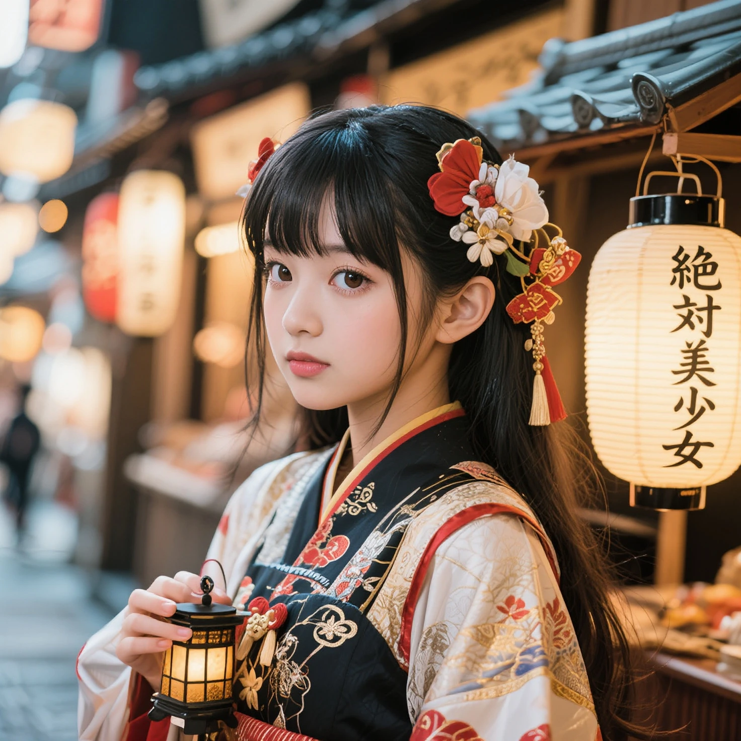 ( bangs, blunt bangs, brown hair, Hime cut, Depth of written boundary, f/4.0, 135mm, Nikon, uhd, masterpiece, Textured skin, Super detailed,4K,Wide-area lighting),(Beautiful woman: 1.4、Very white skin、Fine grain、 double eyelid)、(((hair ornaments、Kimono that exposes a lot of skin、Bust Shot、Rin々Funny face、Sengoku period、Japanese-style building、She is holding a folding fan in one hand.、Show from head to chest)))